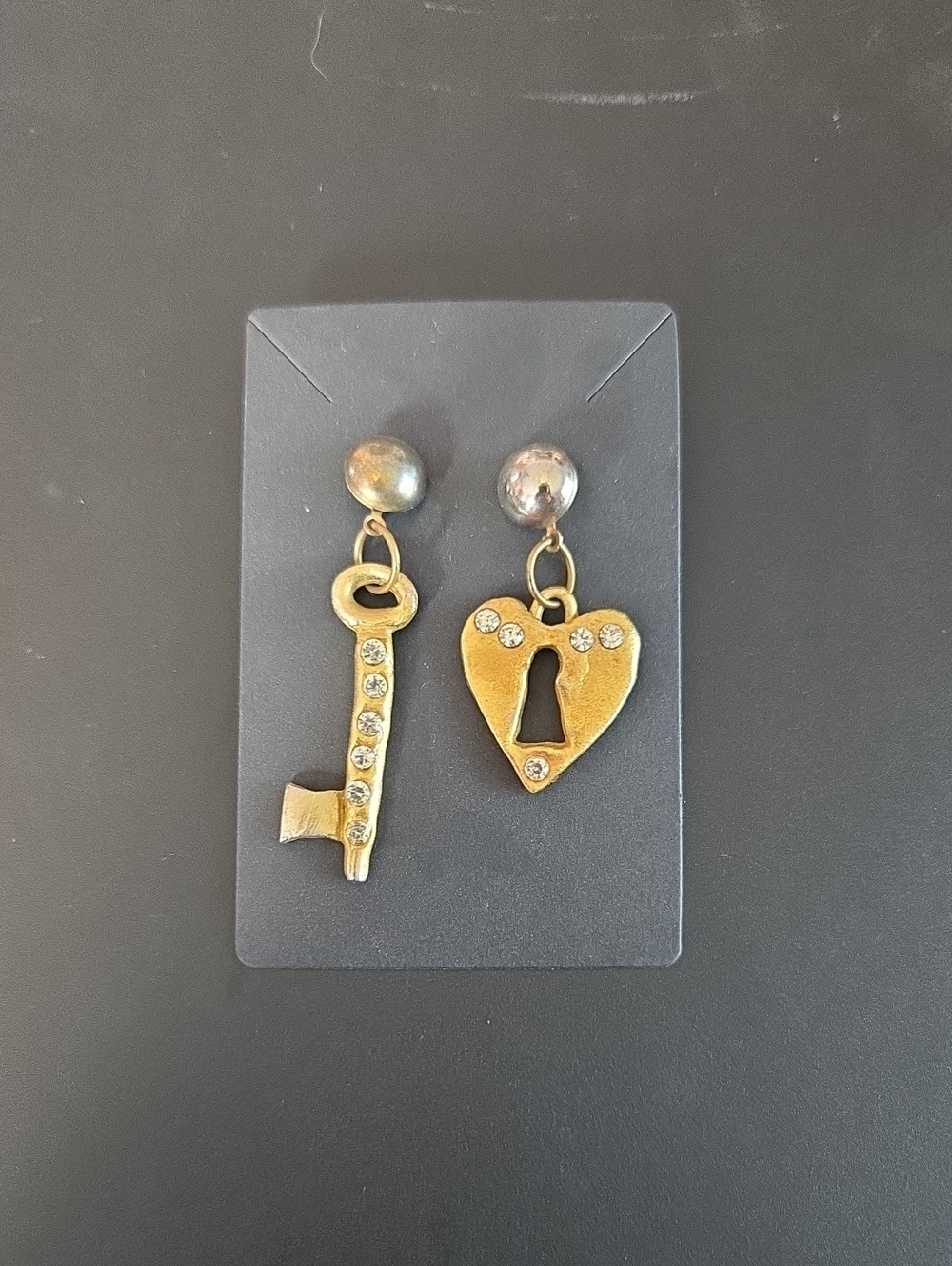 Gold and Silver Tone Key and Heart Locket Dangle Earrings